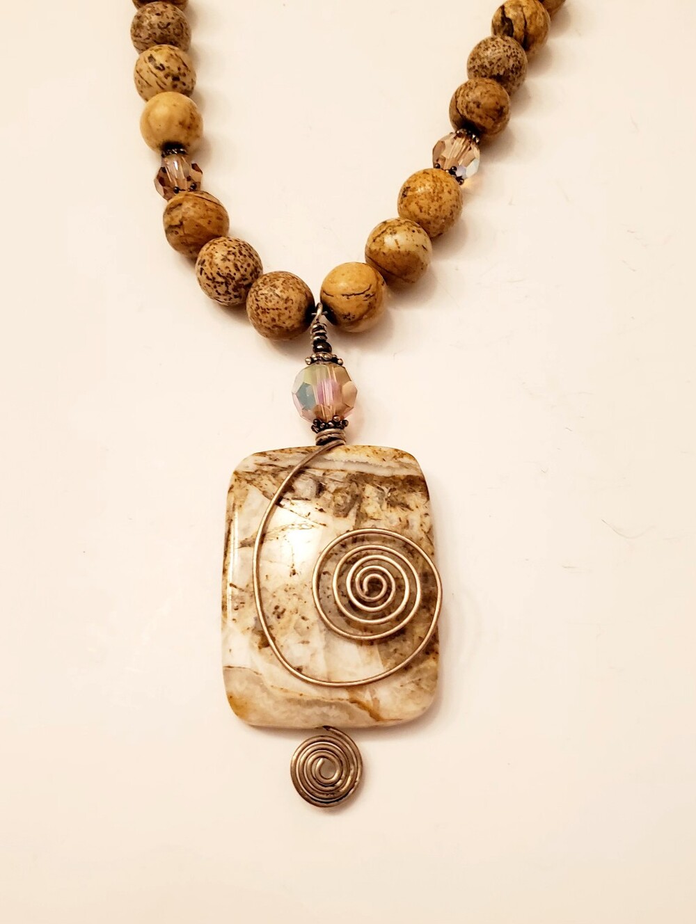 Artisan Natural Beige Picture Jasper Beaded Pendant Necklace